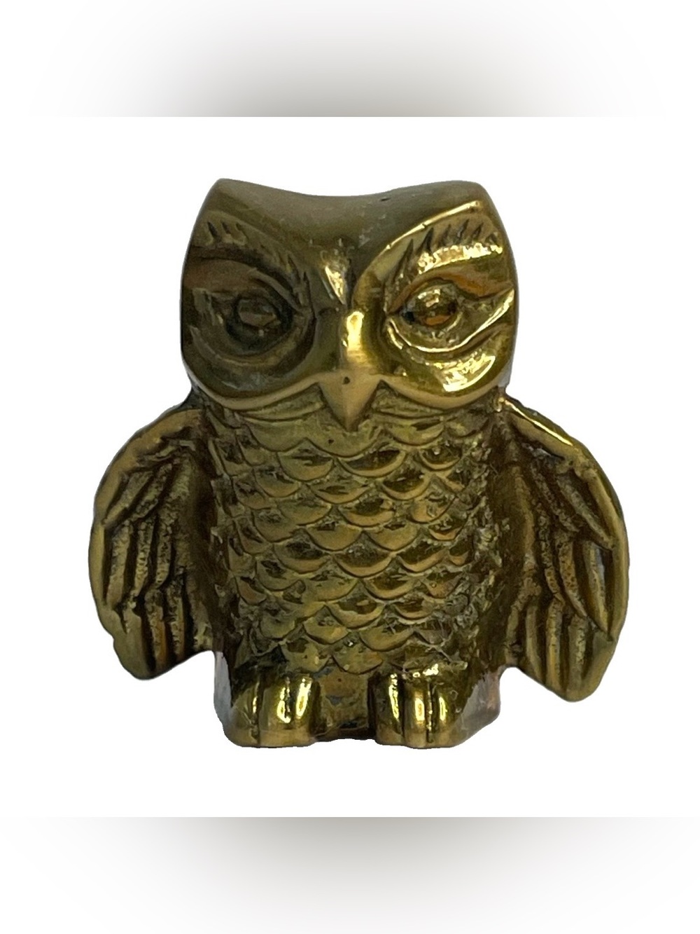 VTG Cottagecore Solid Brass Owl Figurine  Paperweight Aged Patina 2” Heavy MCM